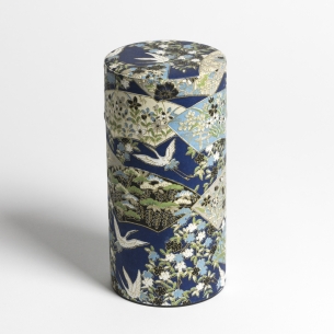 Boîte à thé métal papier washi "Grues" bleue