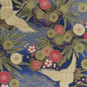 Coton au mètre "Gold Grues / Fleurs" bleu