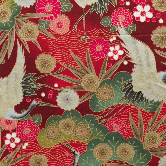 Coton au mètre "Gold Grues / Fleurs" bleu