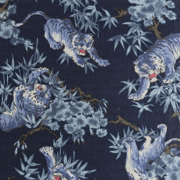 Coton au mètre "Tigre et bambou" marine