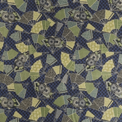 Coton au mètre "Fleurs Éventail" bleu