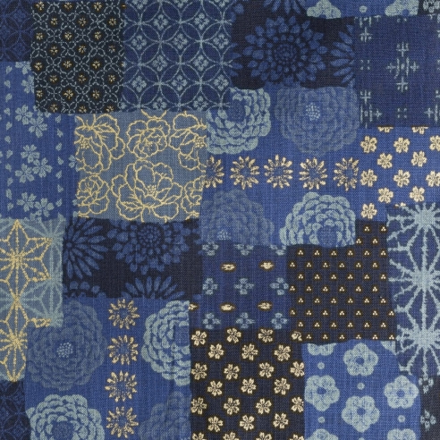 Coton au mètre "Patch Indigo Goldy"