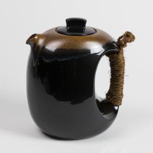 Théière boule porcelaine noire bord brun